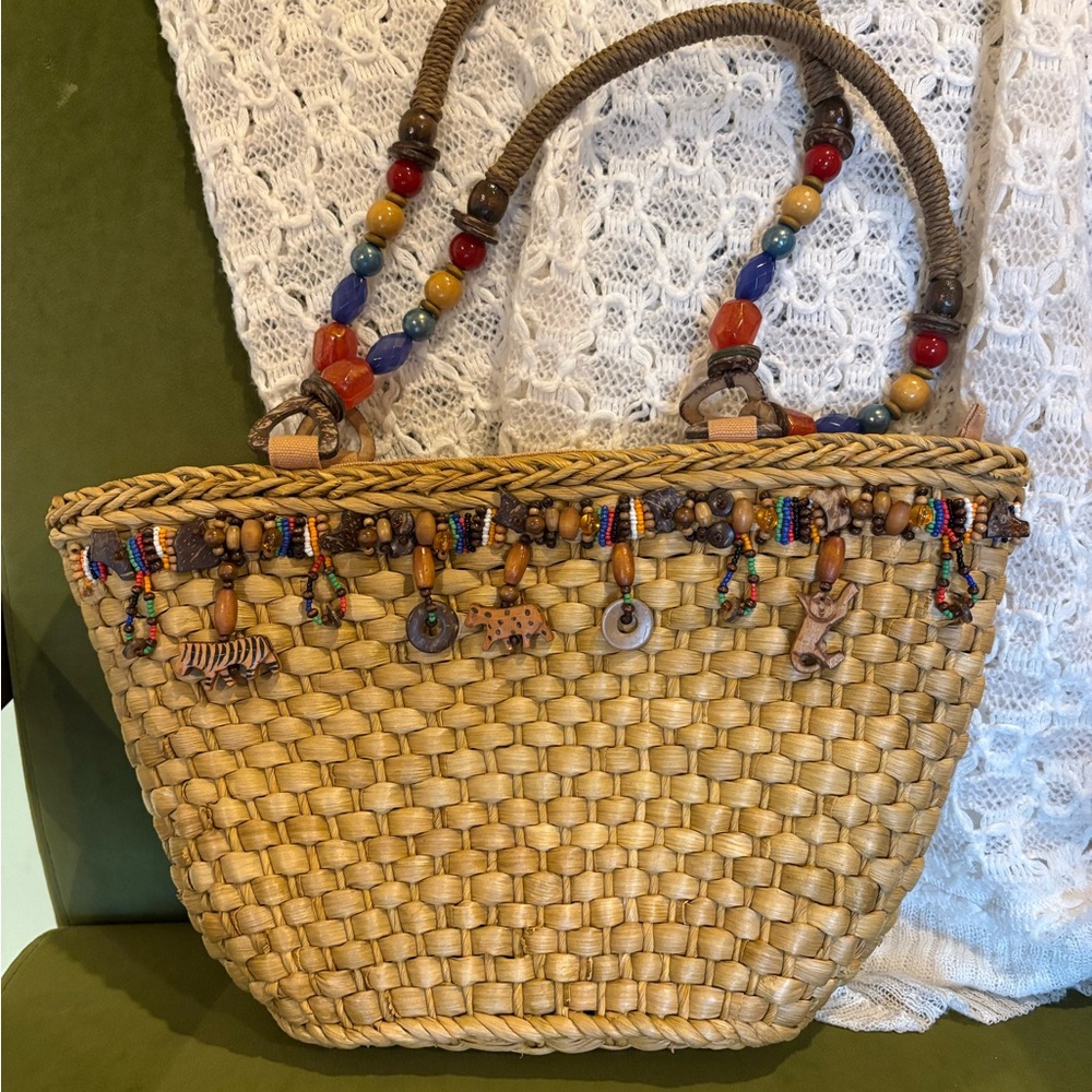 Beaded Tan Tote Bag